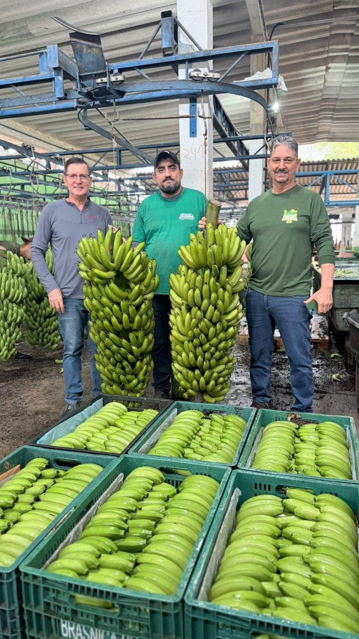 Equipe do Sítio Quilombo junto às caixas de bananas